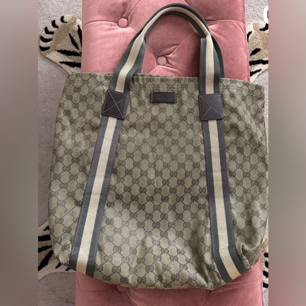 Gucci Original GG Canvas Flat Web Tote Bag Brown Monogram Model ID: 189669 EUC - Picture 3 of 14